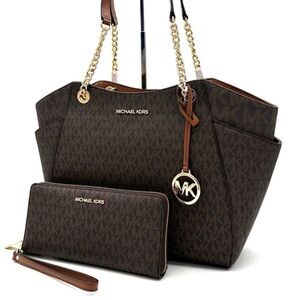 Michael Kors Large Jet Set Travel Chain Shoulder Bag & Continental Wallet Brown